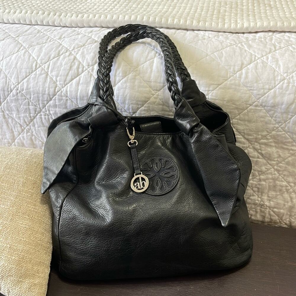 Audrey Brooke Black Leather Handbag with Braided Shoulder Straps